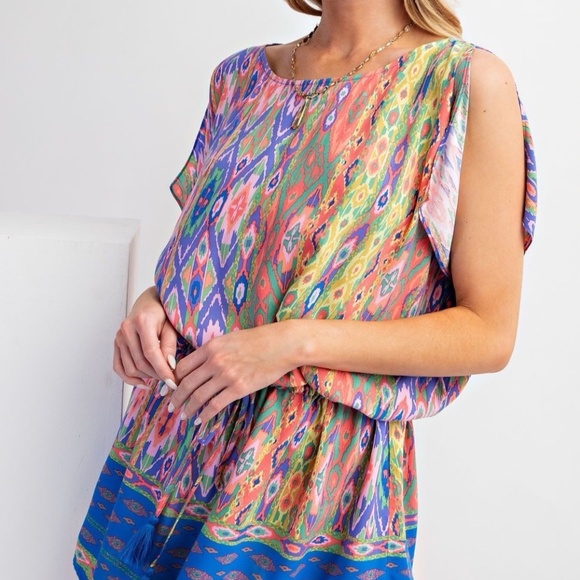 Easel Los Angeles Dresses & Skirts - NEW EASEL BORDER PRINT RAYON CHALLIS WOVEN TUNIC DRESS ELASTIC WAIST TIE BOHO !!